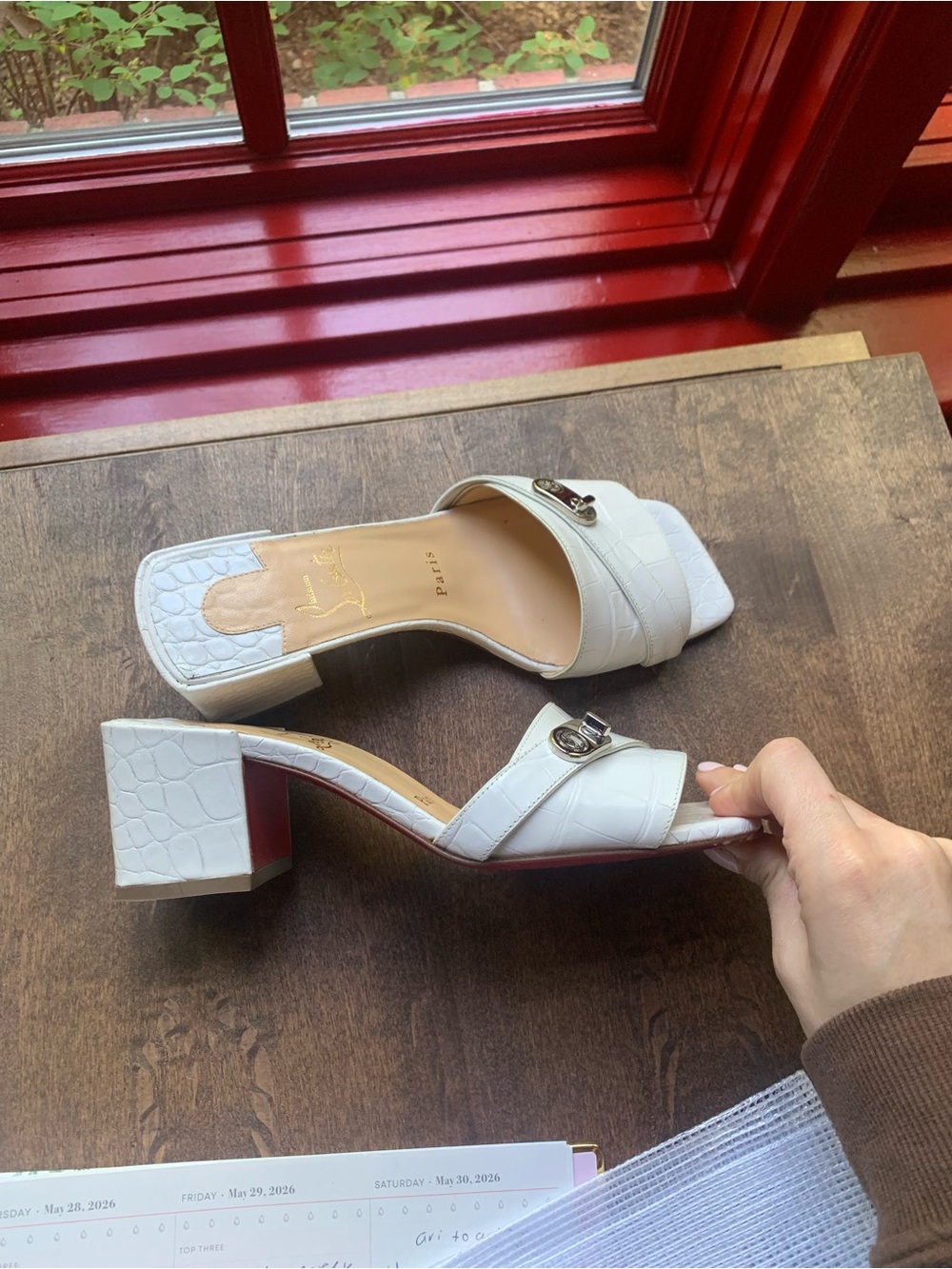 Christian Louboutin White Croc-Embossed Block Heel Mules with Buckle - Picture 2 of 4